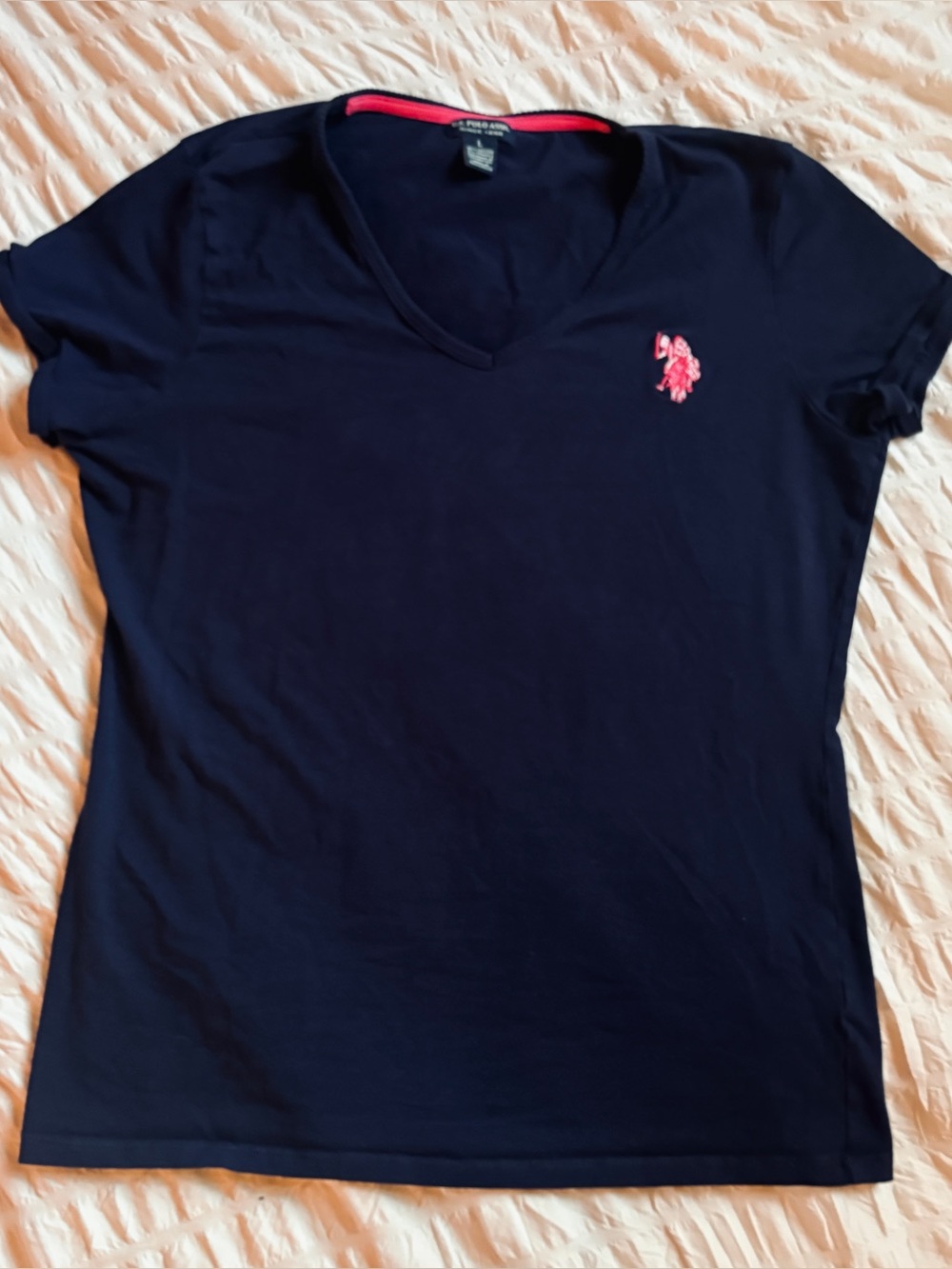U.S. Polo Assn. Navy V-Neck Tee with Pink Logo Accent